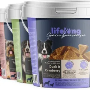 Amazon Brand - Lifelong - Grainfree Mono-Protein Dog Treats with Meat Menu with Superfoods (500gr x 4 Tubs)