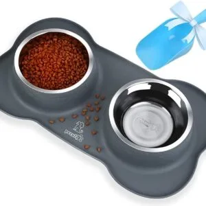 Dog Bowls Non Slip, Stainless Steel Double Bowls Set with Non-Spill Silicone Mats Tray