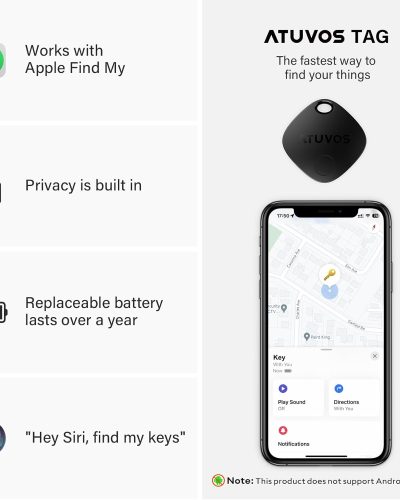 ATUVOS Air Tags – 4 Pack,Tracker Bluetooth Item Finder, Compatible with Apple Find My (iOS Only), Replaceable Battery, IP67 Waterproof, for Keys, Luggages, Suitcases, Bags, Black