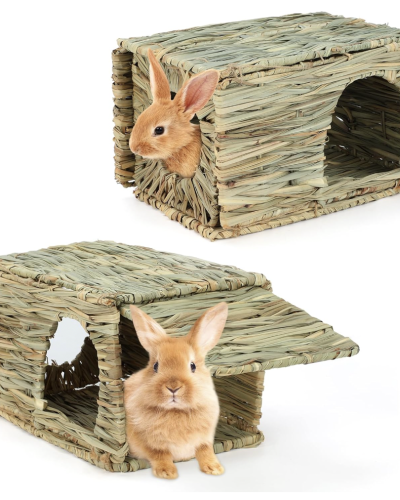 HYLYUN Large Grass House for Bunny, Folding Straw House Hand Woven Straw Hut, Small Animal Hideout Natural Grass Hideaway for Bunny Guinea Pig Chinchilla Ferret